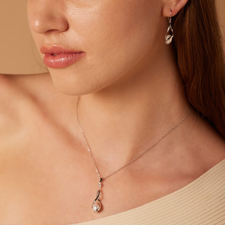 Schmuckset, Halskette & Ohrringe, 925 Silber, mit Süßwasserperle
