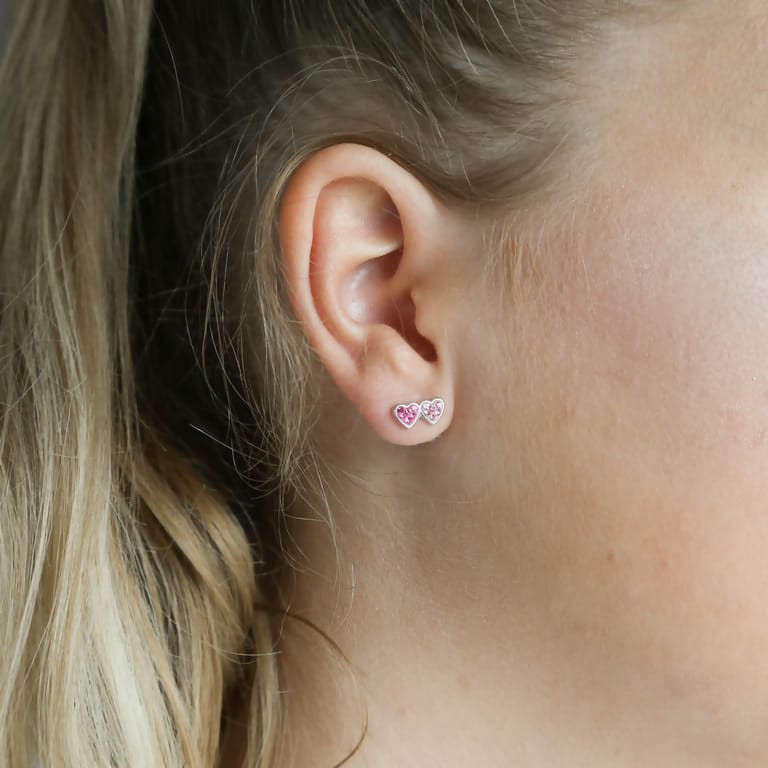Kinderohrringe, 925 Silber, Herzen mit rosa Kristall