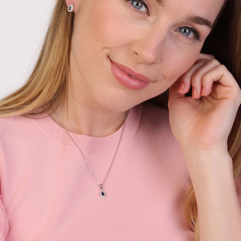 Zilveren ketting&hanger druppel blauwe zirkonia voor dames