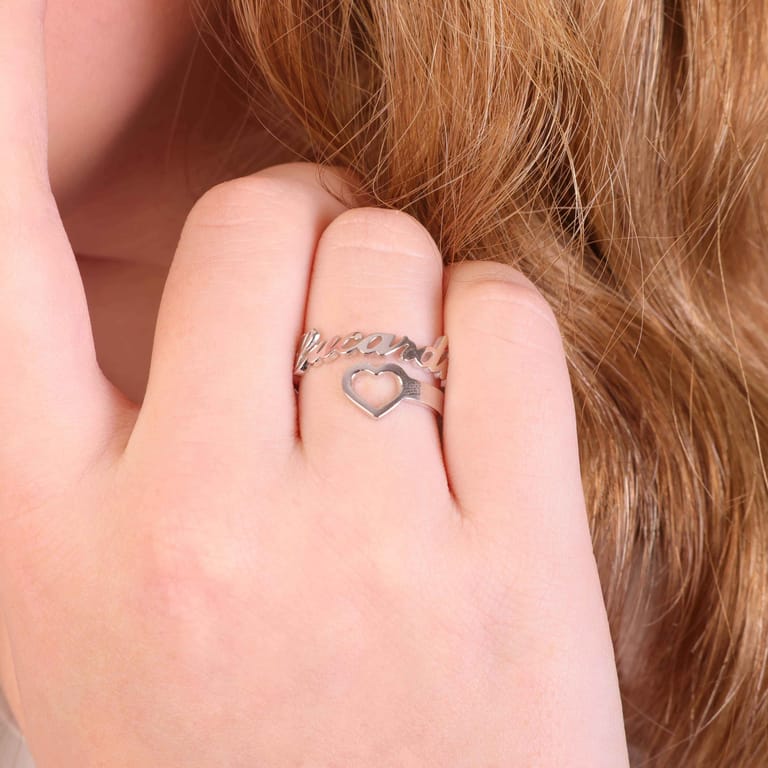 Zilveren naamring met hart