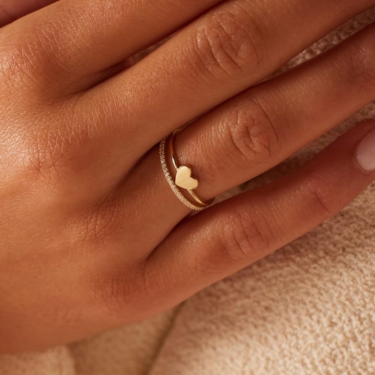 Doppelring, 585 Gelbgold, Herz und Zirkonia