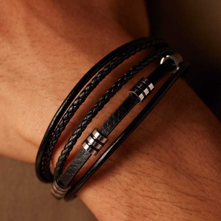 Armband, Edelstahl, Kettenglied, schwarzes Leder