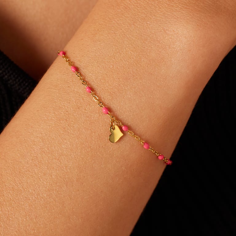 Stainless steel goldplated kralenarmband hart fuchsia emaille voor dames