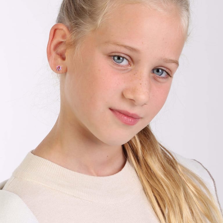 Kinderohrringe, 925 Silber, mit rosafarbenem Kristall, rund