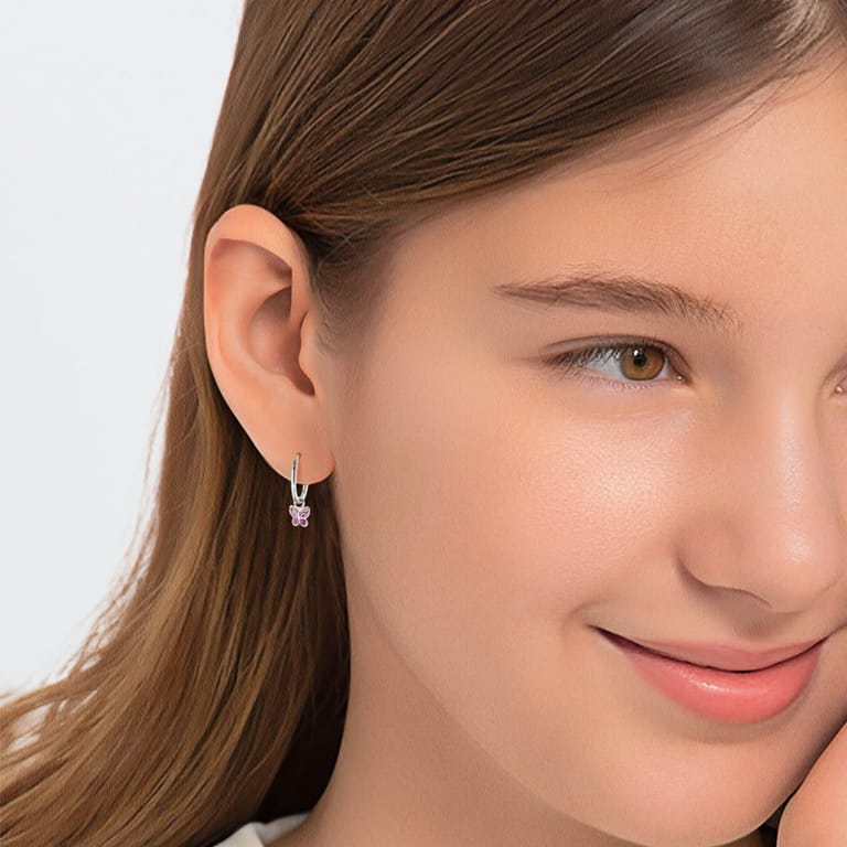 Zilveren kinderoorbellen vlinder roze kristal