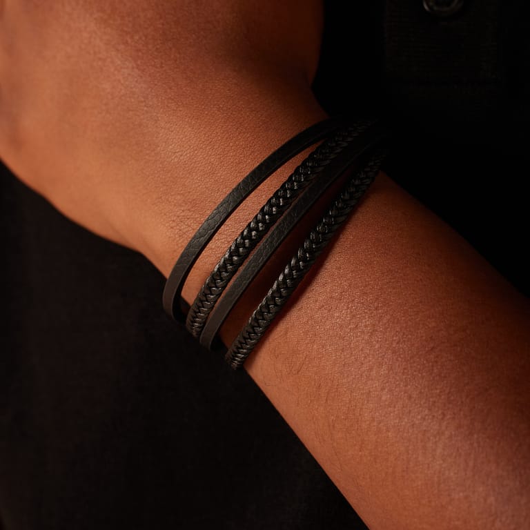 Stainless steel blackplated herenarmband gevlochten leer