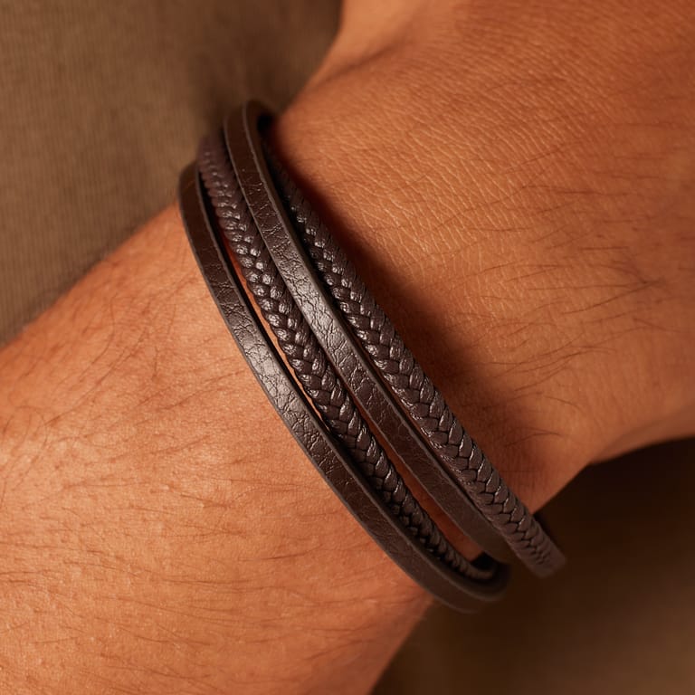 Stalen herenarmband bruin gevlochten leer