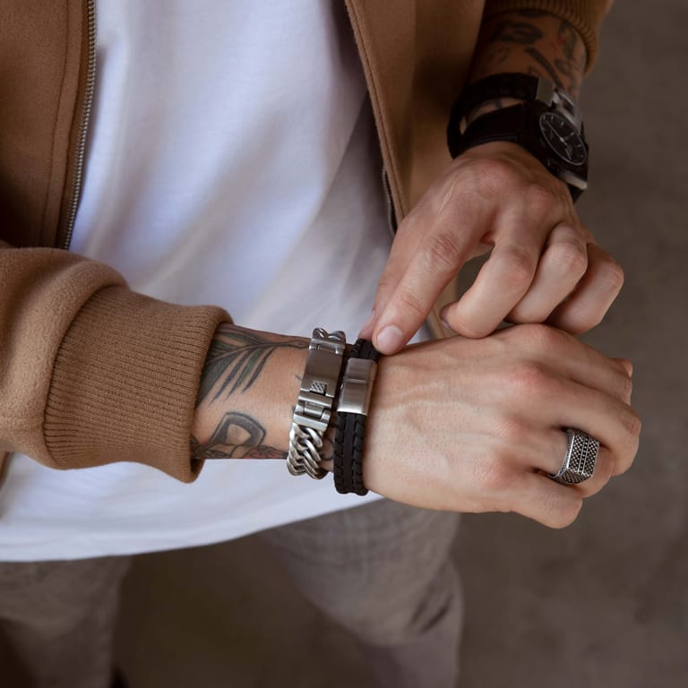 Herrenarmband, Edelstahl, Leder, schwarz, 12 mm