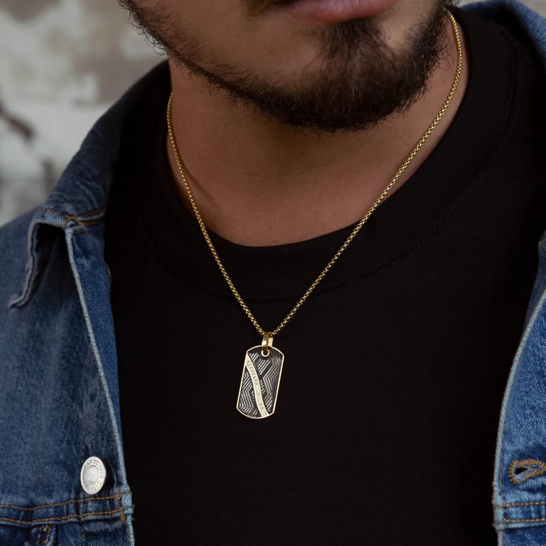 Gerecycled stainless steel herenketting goldplated met hanger met zirkonia