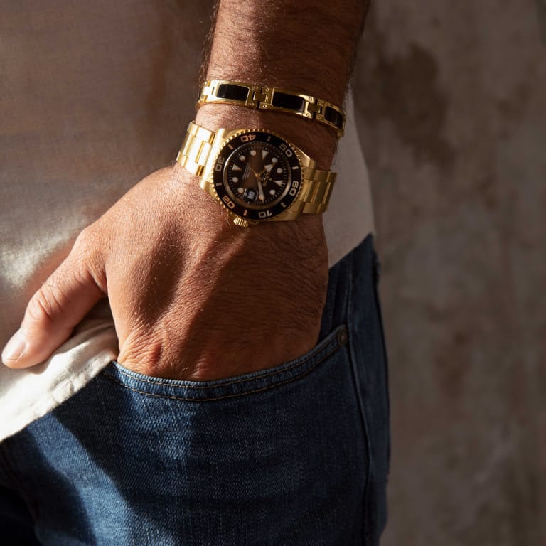 Gerecycleerd stainless steel gouden herenarmband schakel zwarte details