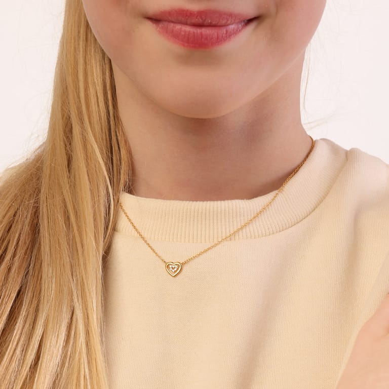 Zilveren goldplated kinderketting met hanger hart met zirkonia