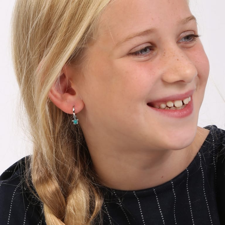 Kinder-Schmuckset, 925 Silber, Schildkröte mit Kristall in Grün