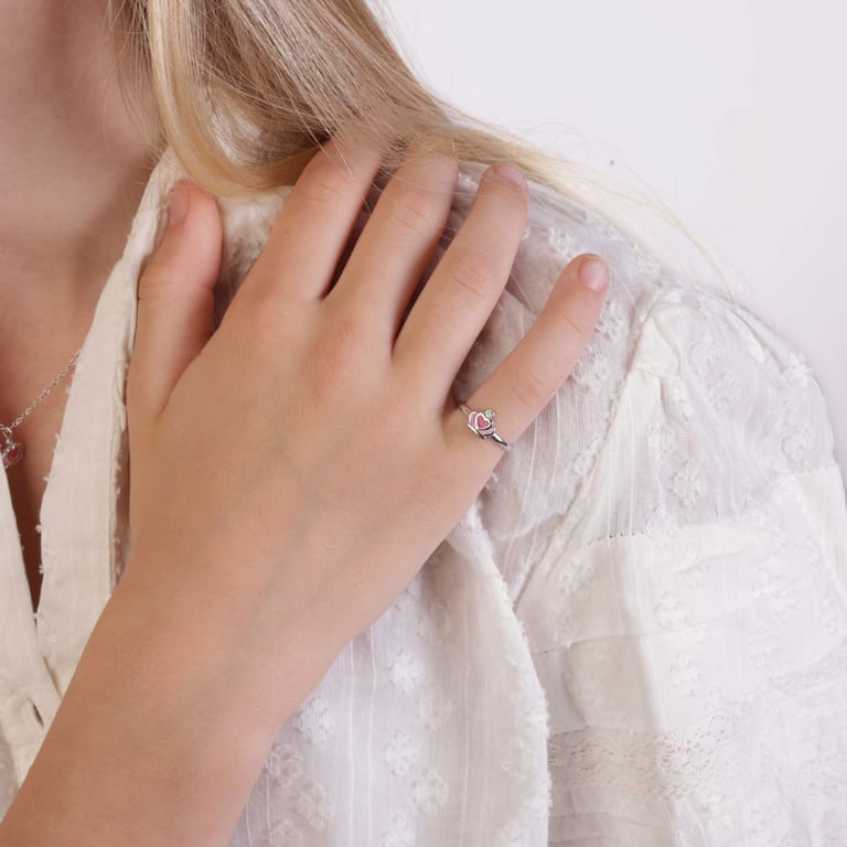 Zilveren kinderring met roze kroontje met kristal