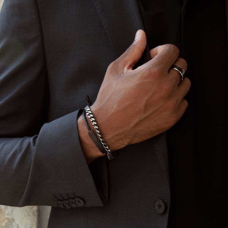 Plattenarmband für Herren, Edelstahl matt, schwarz