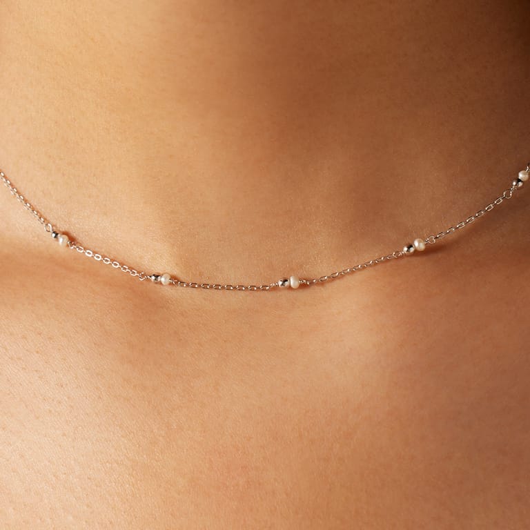 Halskette, 925 Silber, Süßwasserperlen