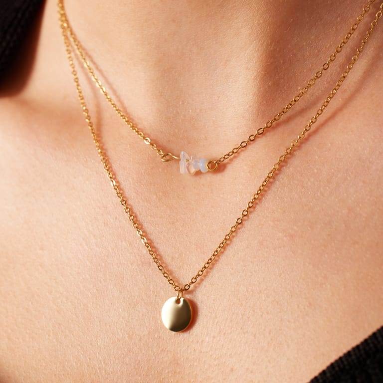 Stalen goldplated ketting met munt met maansteen voor dames