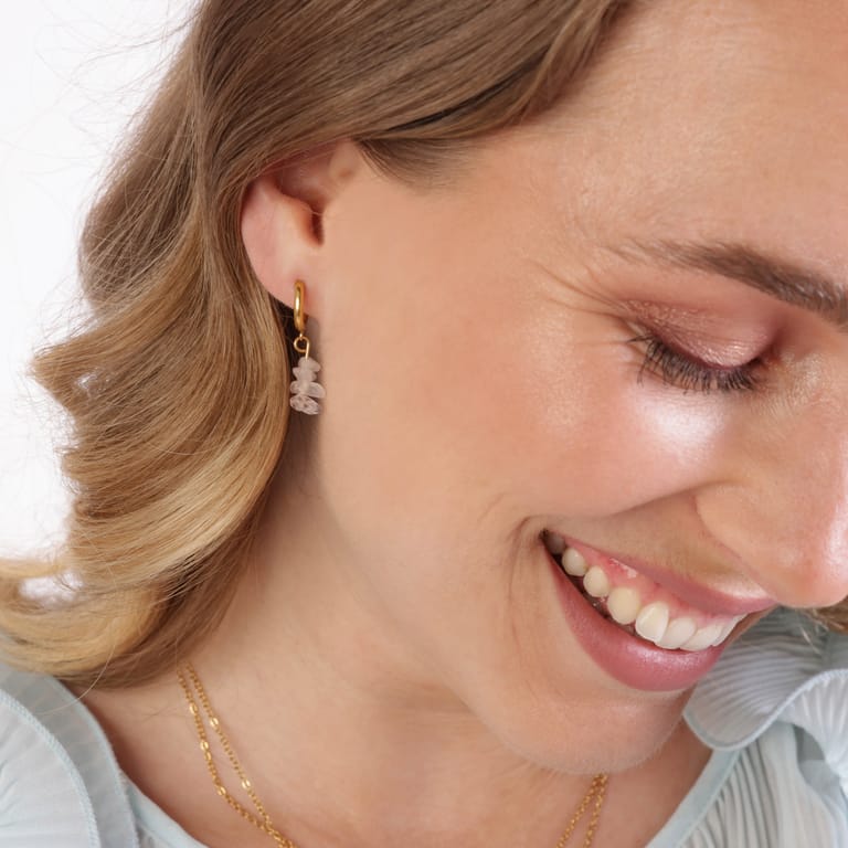 Stalen goldplated oorringen met hanger rozenkwarts voor dames