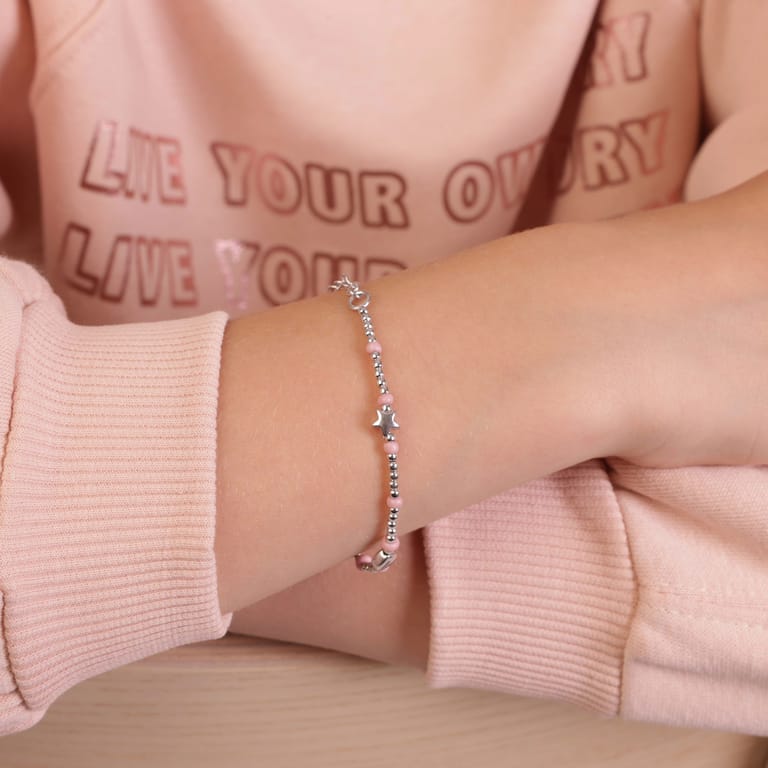 Kinderarmband, 925 Silber, Stern, Herz, Blume, rosa