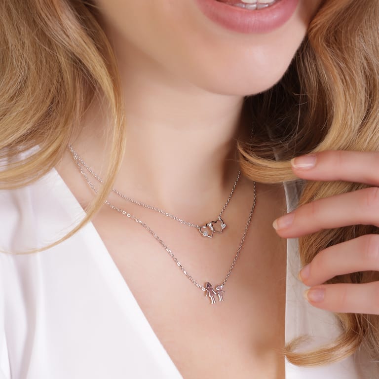 Halskette, 925 Silber, mit Anhänger, doppeltes Herz, Zirkonia