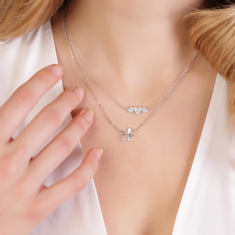 Halskette, 925 Silber, mit Anhänger, drei Herzen, Zirkonia