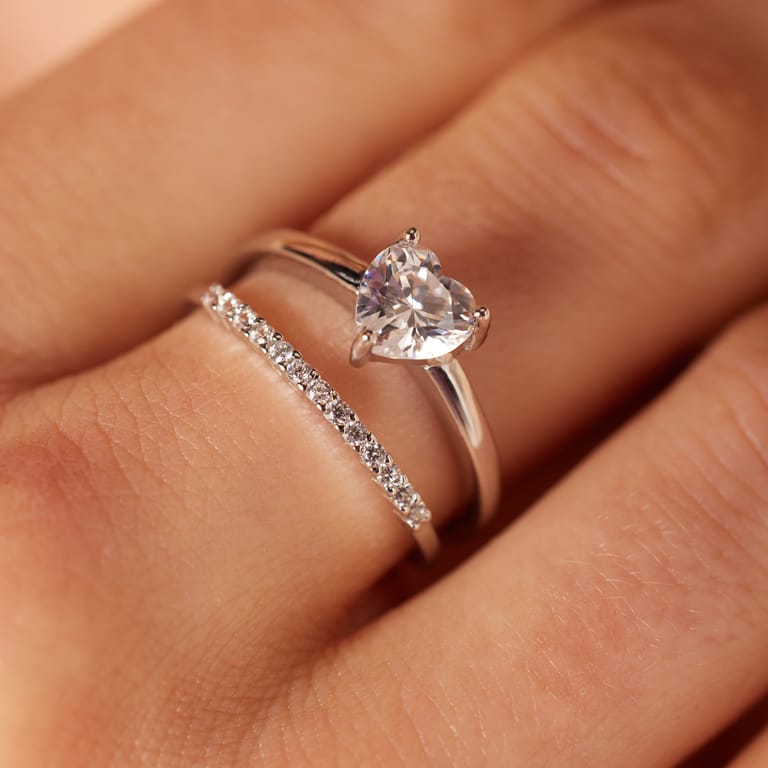 Doppelring, 925 Silber, mit Zirkonia, Herz