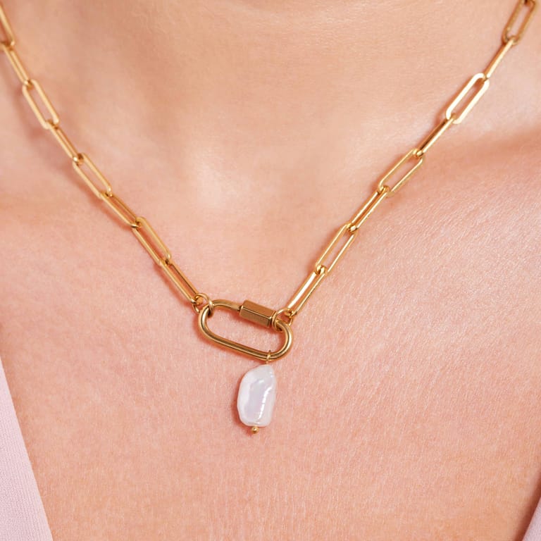 Stalen goldplated ketting met hanger met parel voor dames