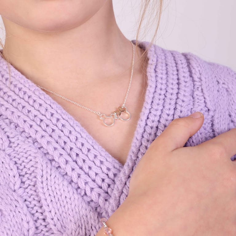 Zilveren Disney Mickey&Minnie ketting rose strik