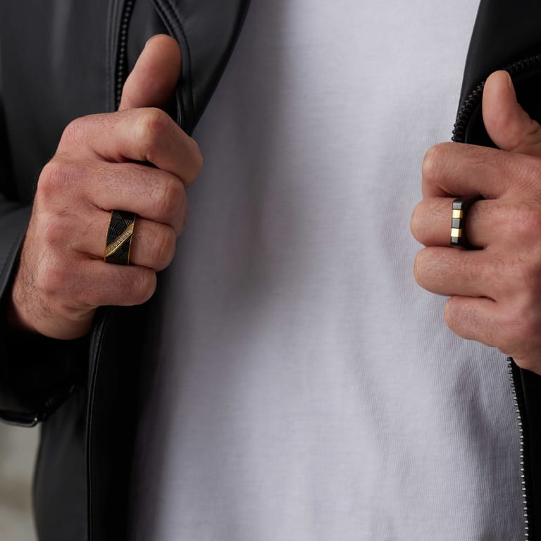 Herrenring, Edelstahl, vergoldet, Streifen, schwarz