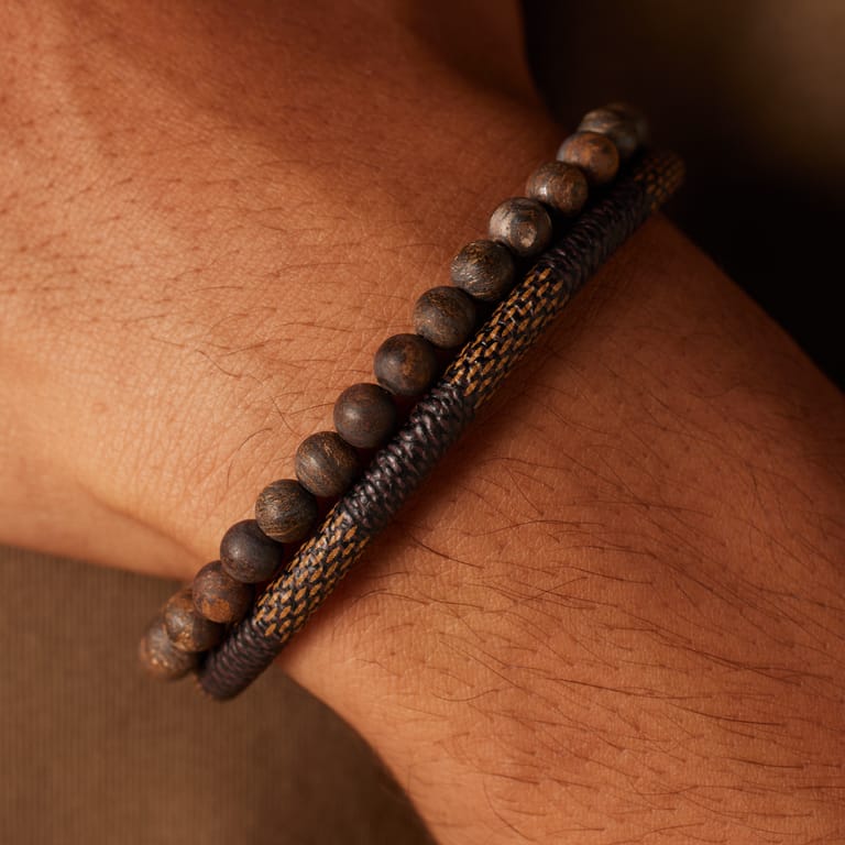 Stalen herenarmband leer en steen bruin