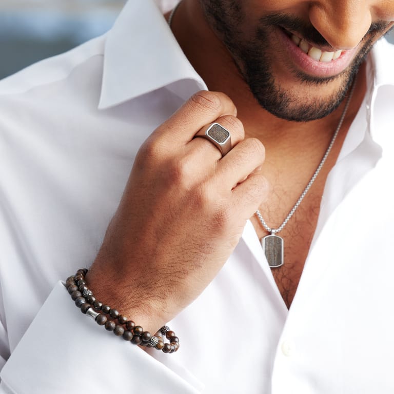 Gerecycled stainless steel heren zegelring bronzonite