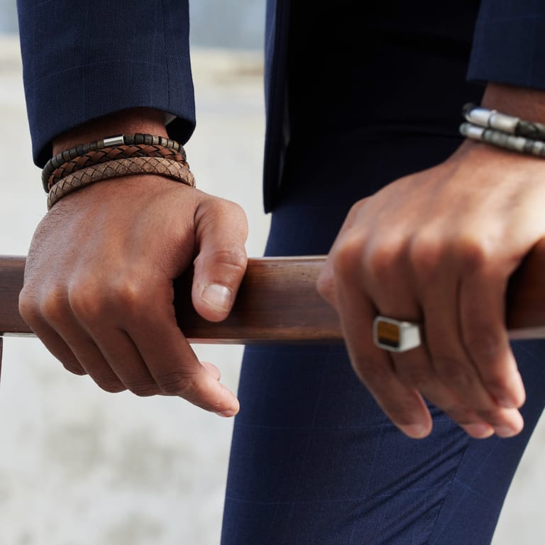 Gerecycleerd stainless steel herenarmband natuursteen bronzonite