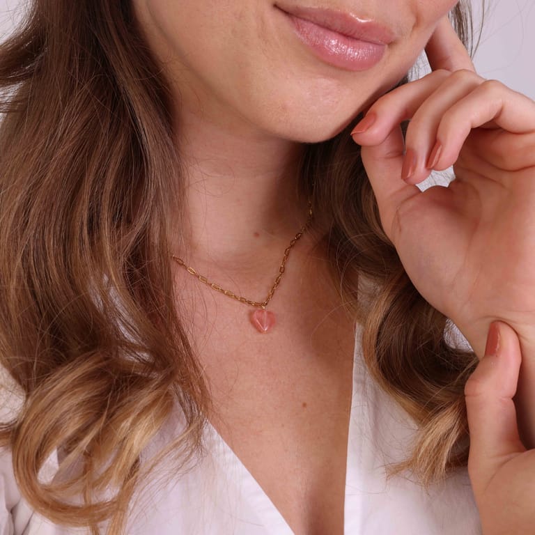 Stalen goldplated ketting met hanger hart met rhodoniet voor dames