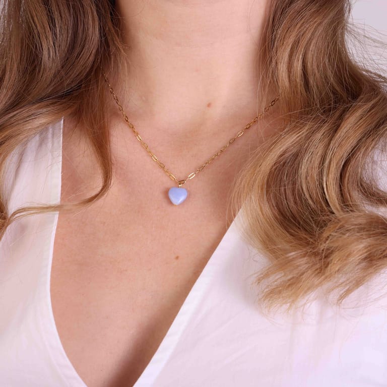Stalen goldplated ketting met hanger hart met blauwe agaat voor dames