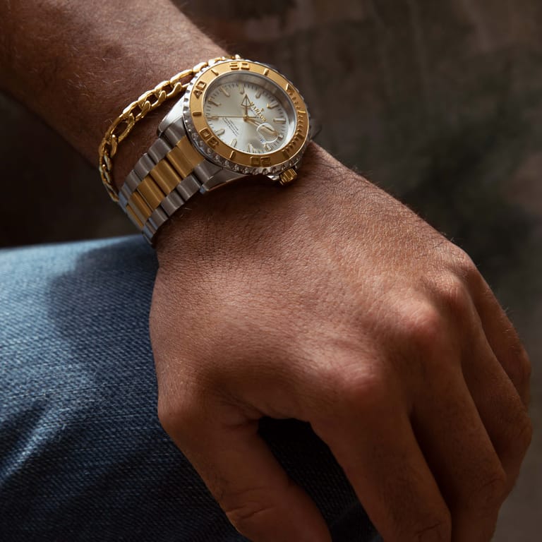 Marlow Miller Stainless steel goldplated bicolor heren horloge set met armband