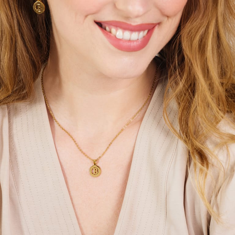 Stalen goldplated ketting met letterhanger B voor dames