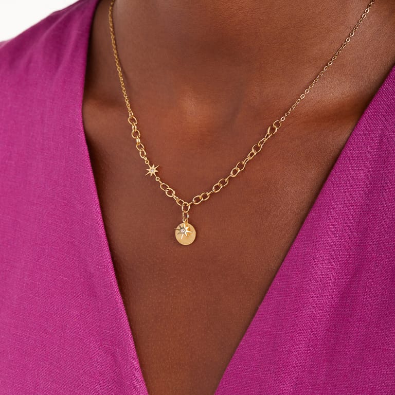 Myla gerecycled stainless steel goldplated ketting met munt en ster voor dames