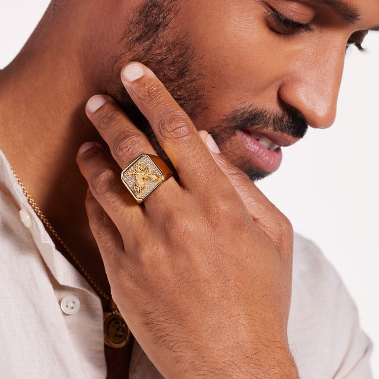 Gerecycleerd stainless steel goldplated zegelring adelaar met zirkonia