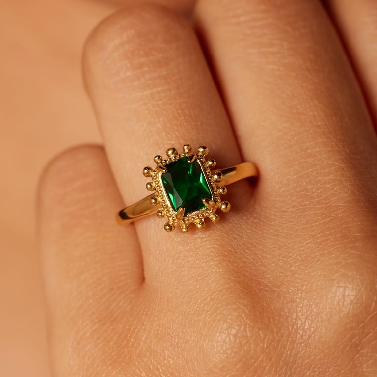 Stainless steel goldplated vintage ring vierkant groen