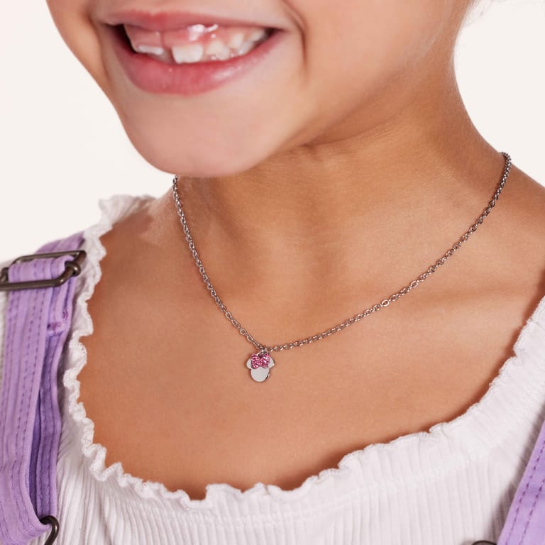 Disney stalen ketting Minni Mouse met roze kristal strik