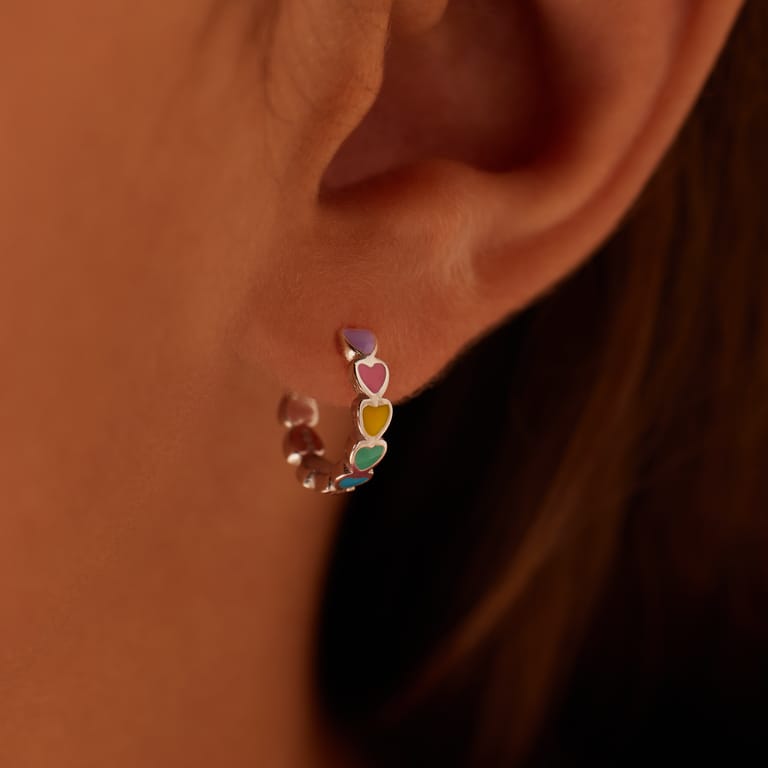 Ohrring, 925 Silber, bunte Emaille-Herzen
