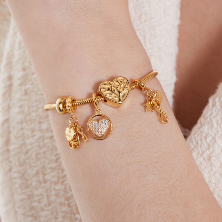 Zilveren goldplated bedel hart, ster en infinity