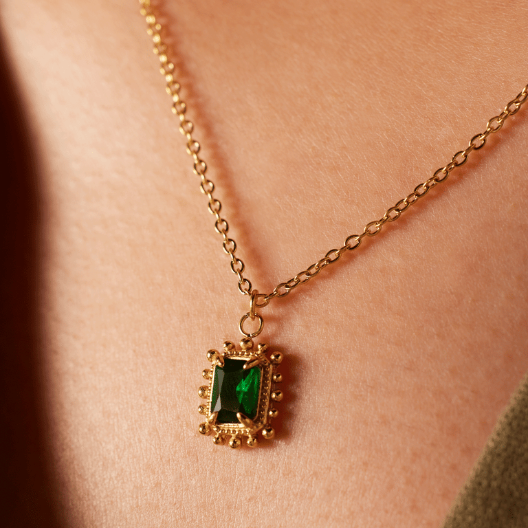 Stainless steel goldplated ketting vintage vierkant groen voor dames