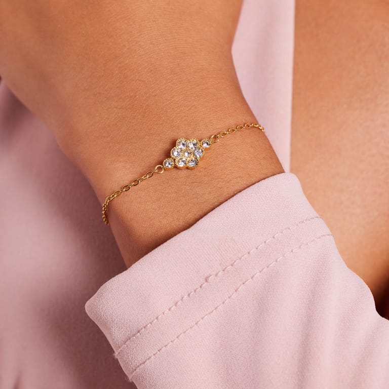 Armband aus Edelstahl, vergoldet, Vintage, Blume, Weiß