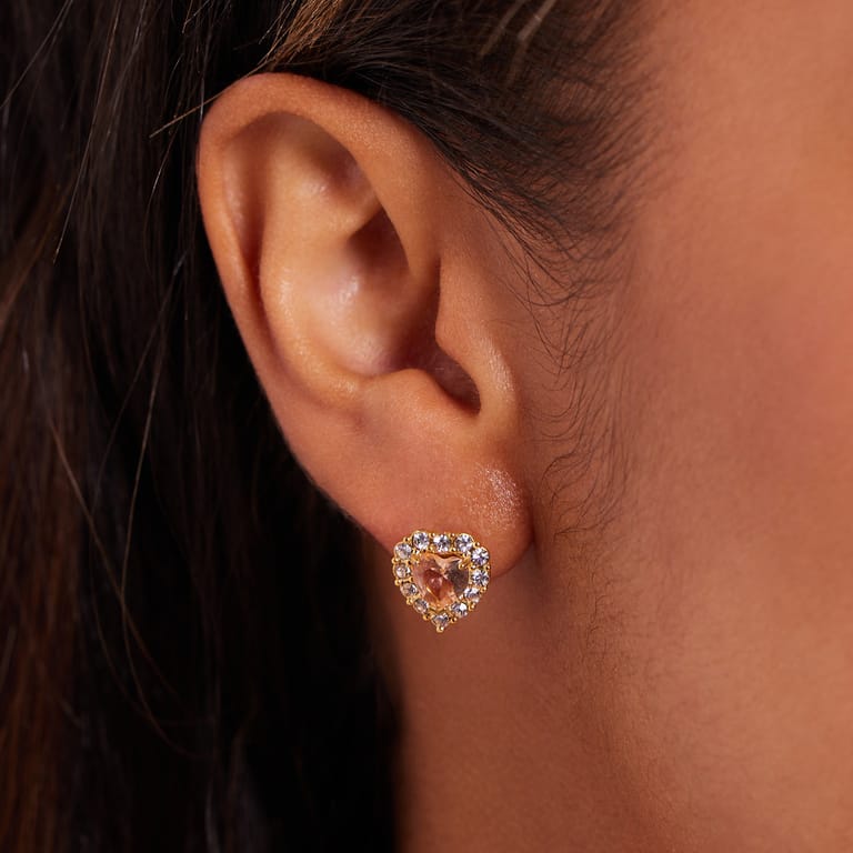 Stainless steel goldplated oorknop vintage hart light peach zirkonia