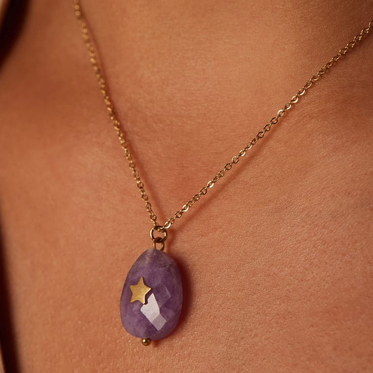 Stalen goldplated ketting met hanger met natuursteen voor dames