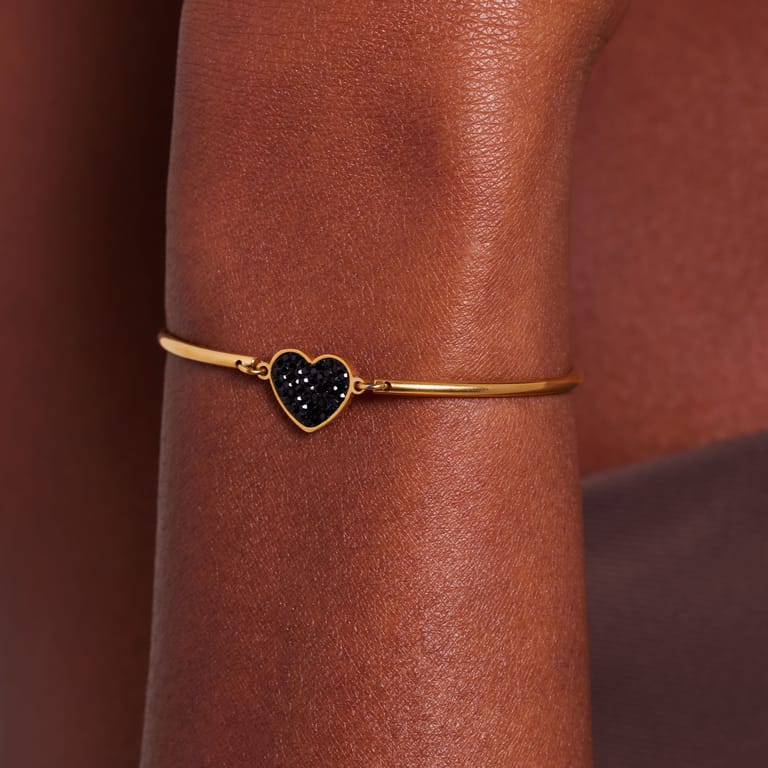Armband aus Edelstahl, vergoldet, Herz mit Kristall, Schwarz