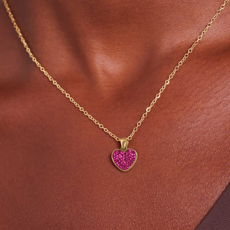 LivLiv stainless steel goldplated ketting hart met kristal fuchsia voor dames