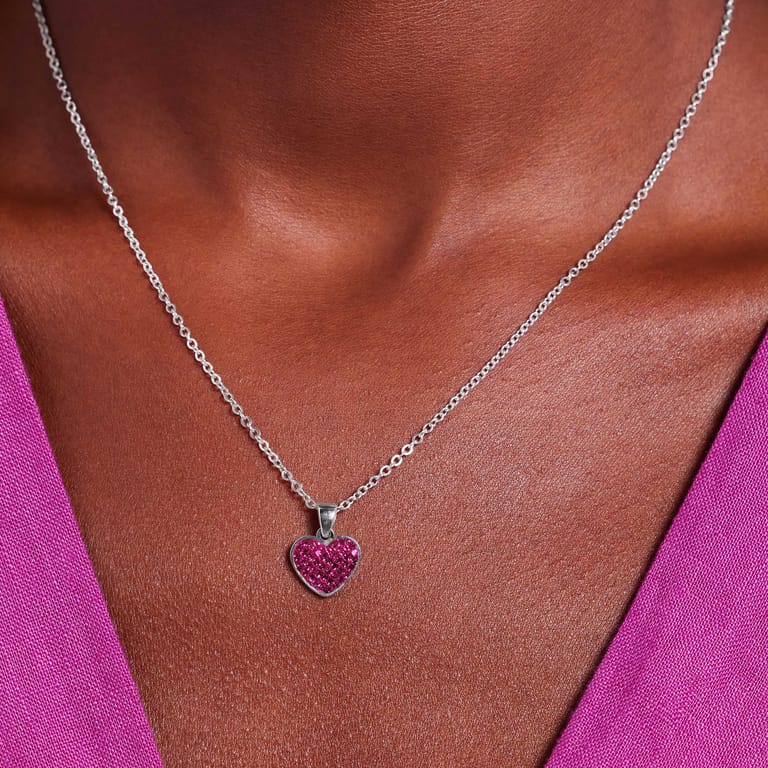 Halskette aus Edelstahl, Herz mit Kristall, Fuchsia
