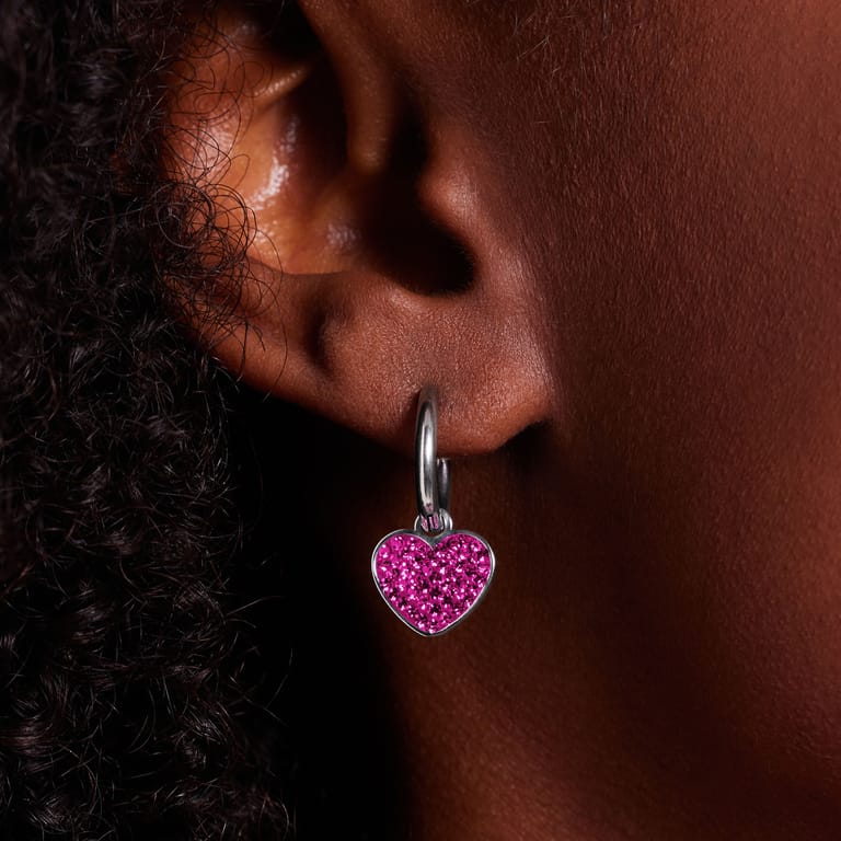 Ohrringe aus Edelstahl, Herz mit Kristall, Fuchsia