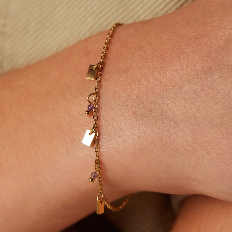 Stalen goldplated fantasiearmband met amethyst voor dames